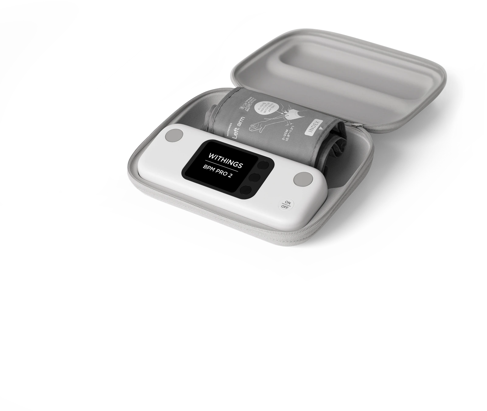 Blood pressure monitor shown with its cuff open